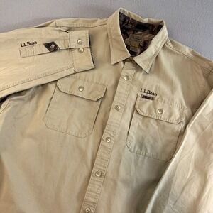 LL Bean Mens Tan Long Sleeve Button Up Shirt Camo Collar Cuffs Size XL